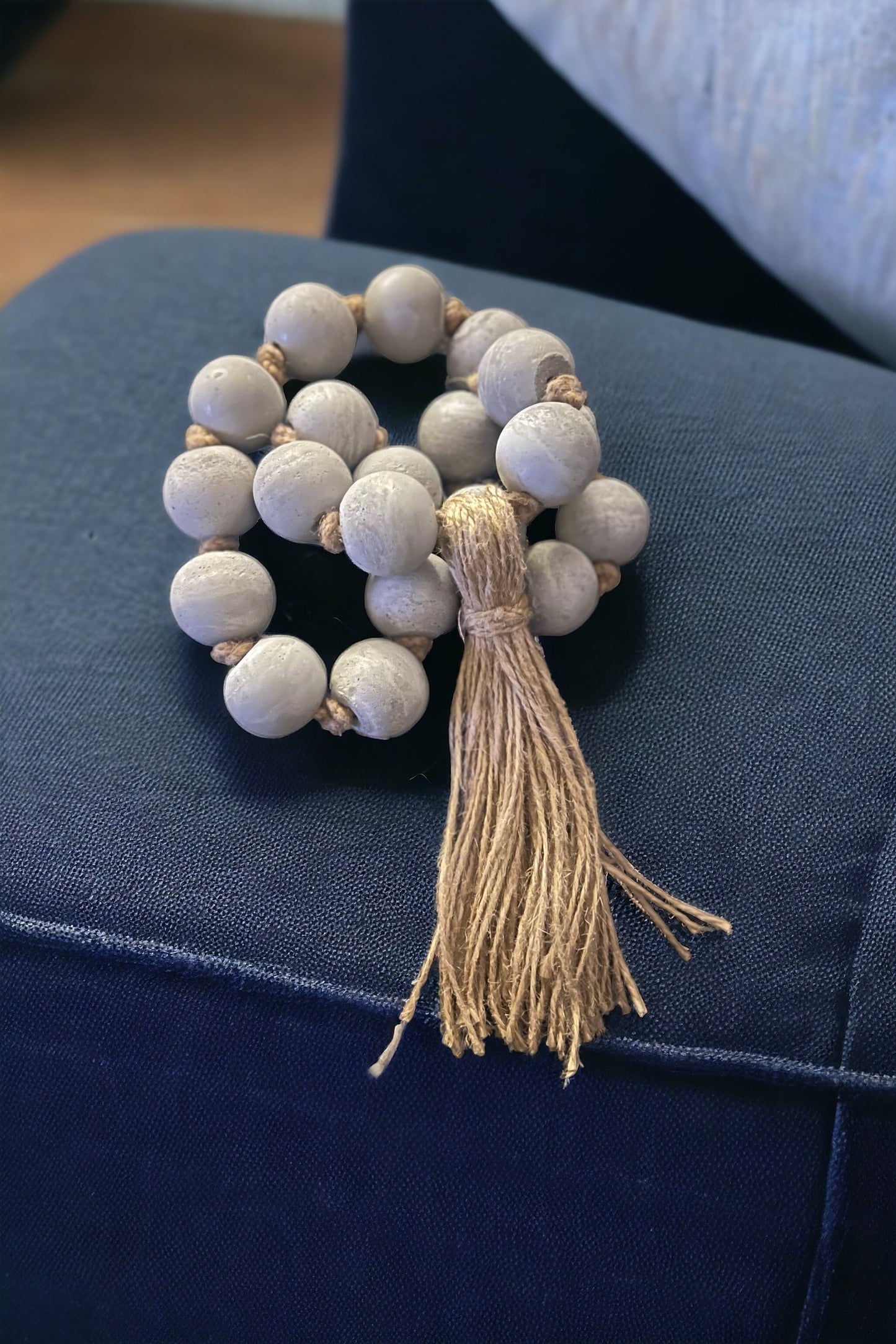 Knotted Concrete beads Garland + rustic jute tassel