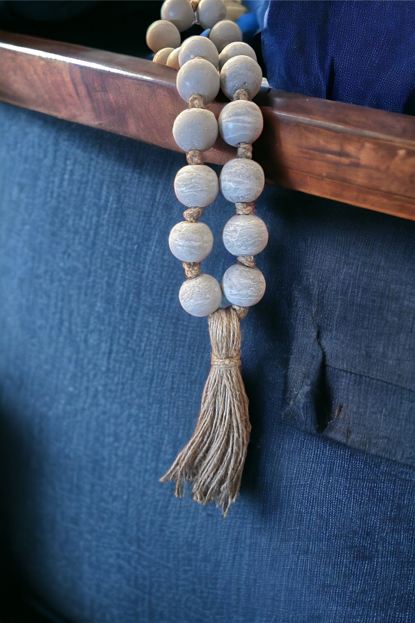 Knotted Concrete beads Garland + rustic jute tassel