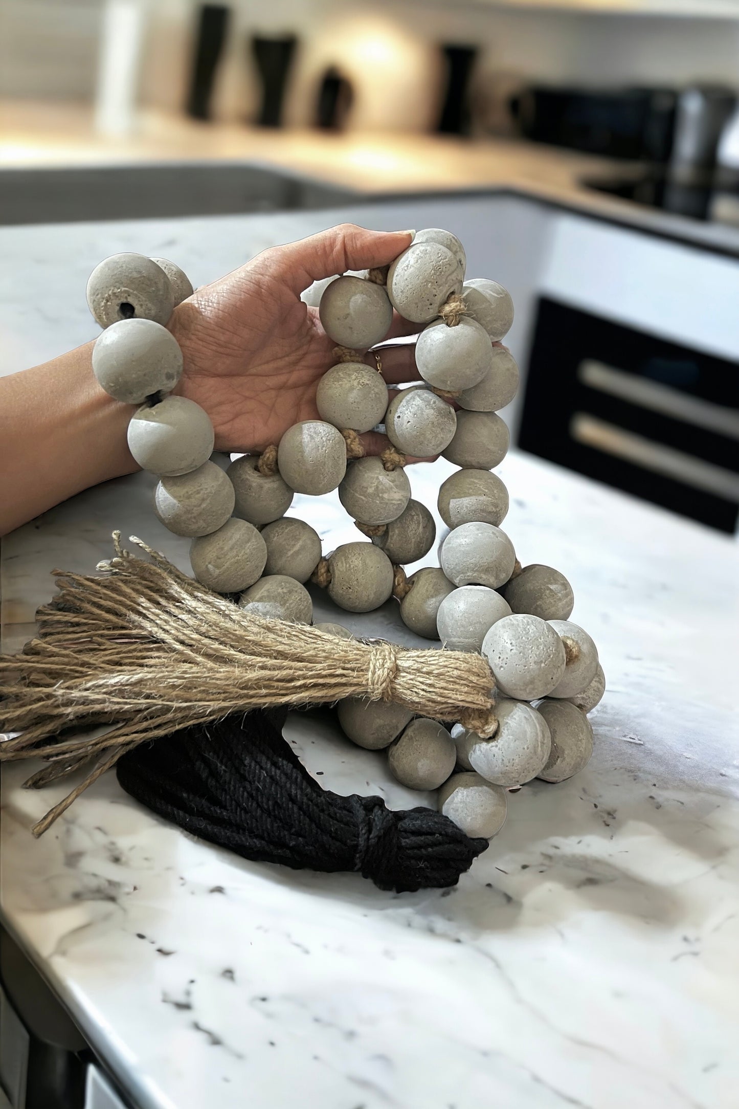 Knotted Concrete beads Garland + rustic jute tassel